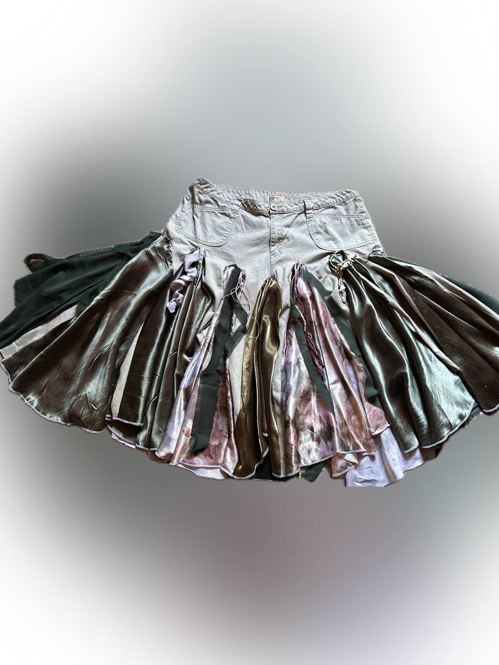 Upcycled Plus khaki Jean skirt with Green Satin